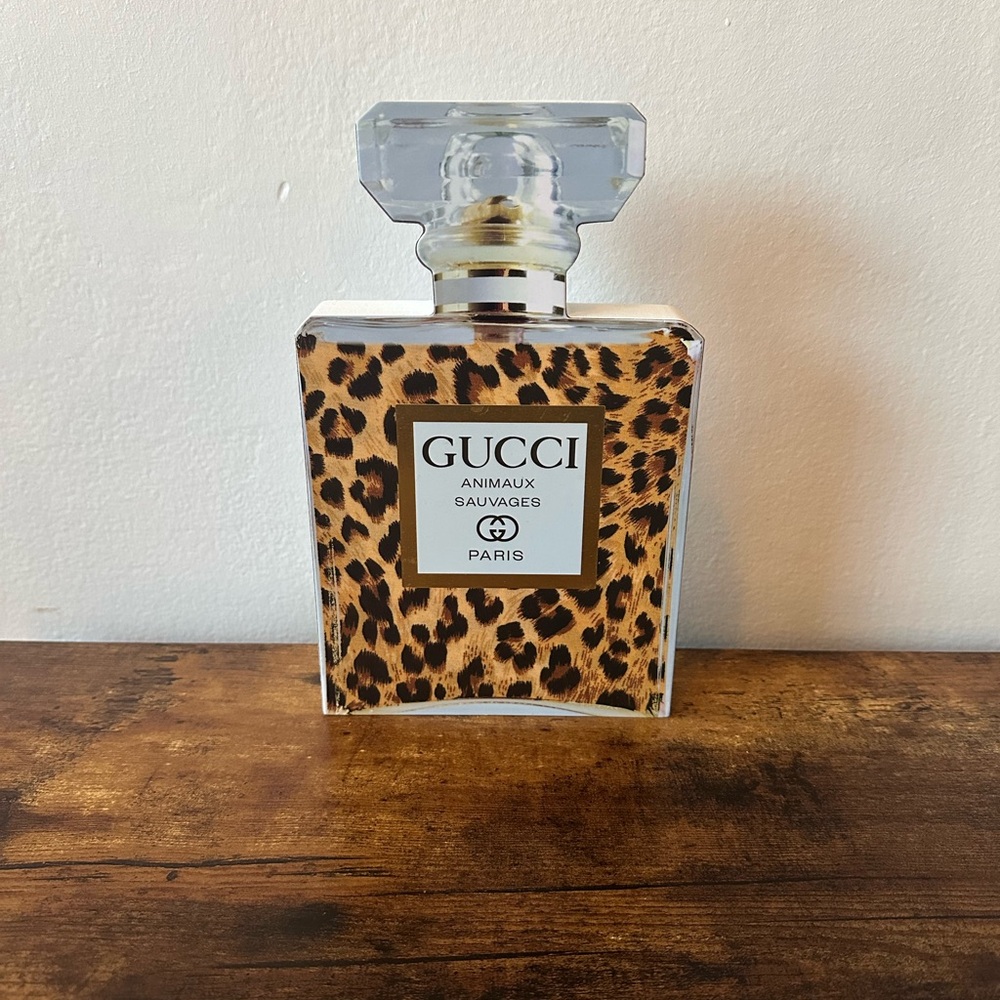 Luxury Perfume Bottle Home Decor With Cheetah Print Design Wooden Decoration NWT - Picture 6 of 6